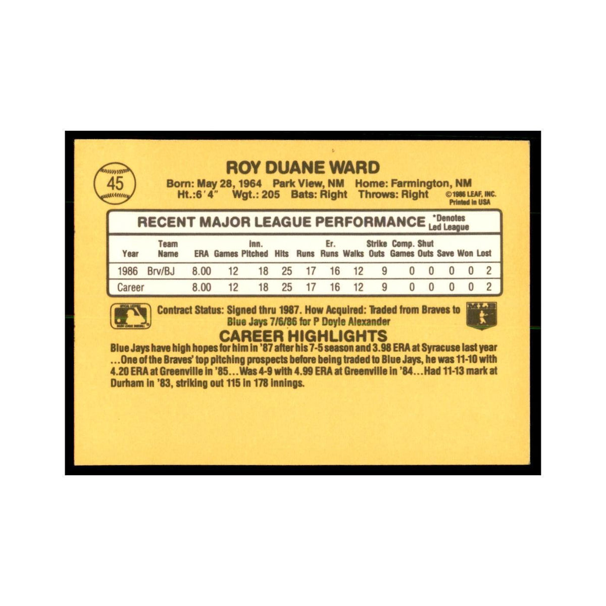 1987 Donruss Duane Ward RC Baseball Cards #45
