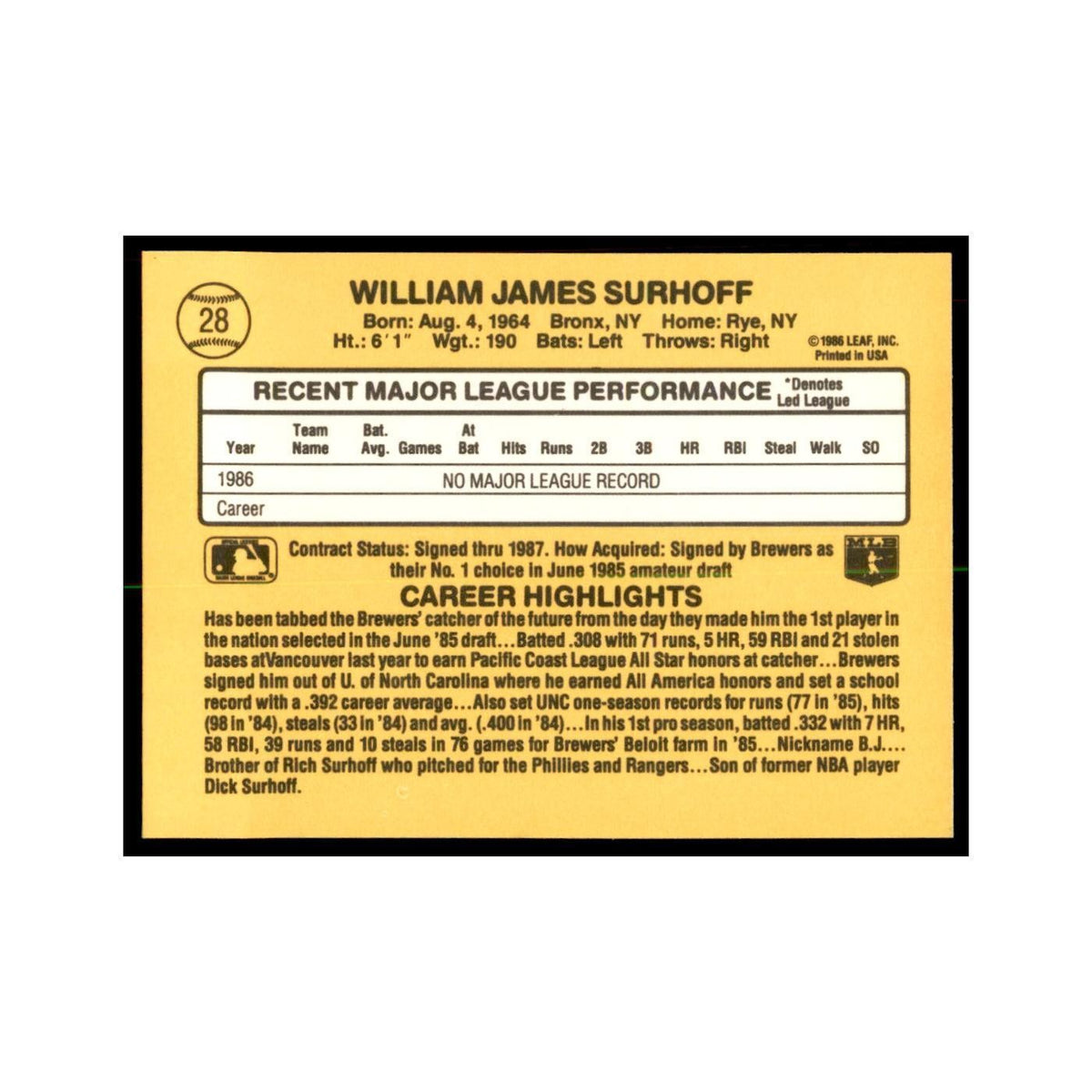 1987 Donruss William James Surhoff RC Baseball Cards #28