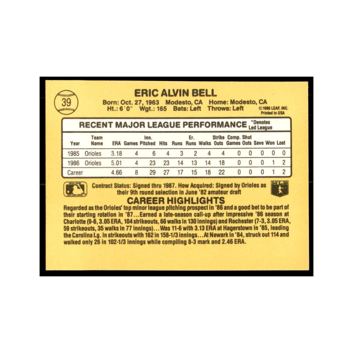 1987 Donruss Eric Bell RC Baseball Cards #39