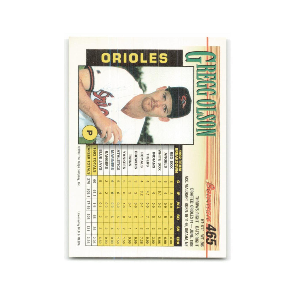 Gregg Olson 1993 Bowman #465 Baltimore Orioles Baseball Card NM