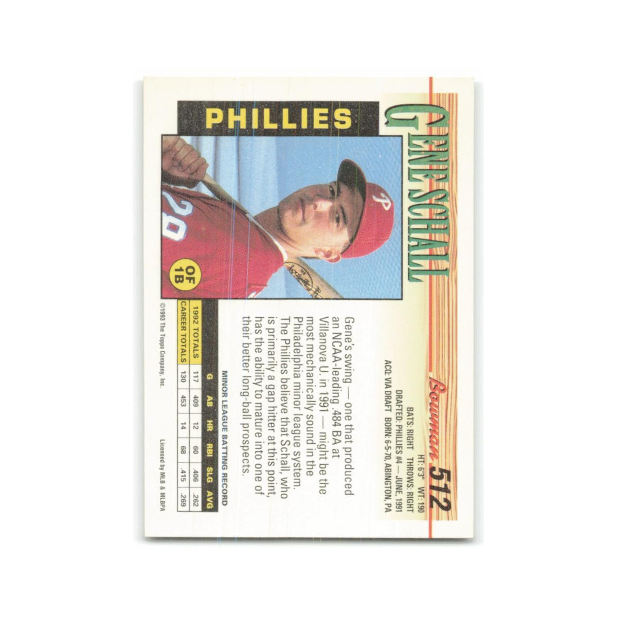 Gene Schall Rookie 1993 Bowman #512 Philadelphia Phillies Baseball Card NM
