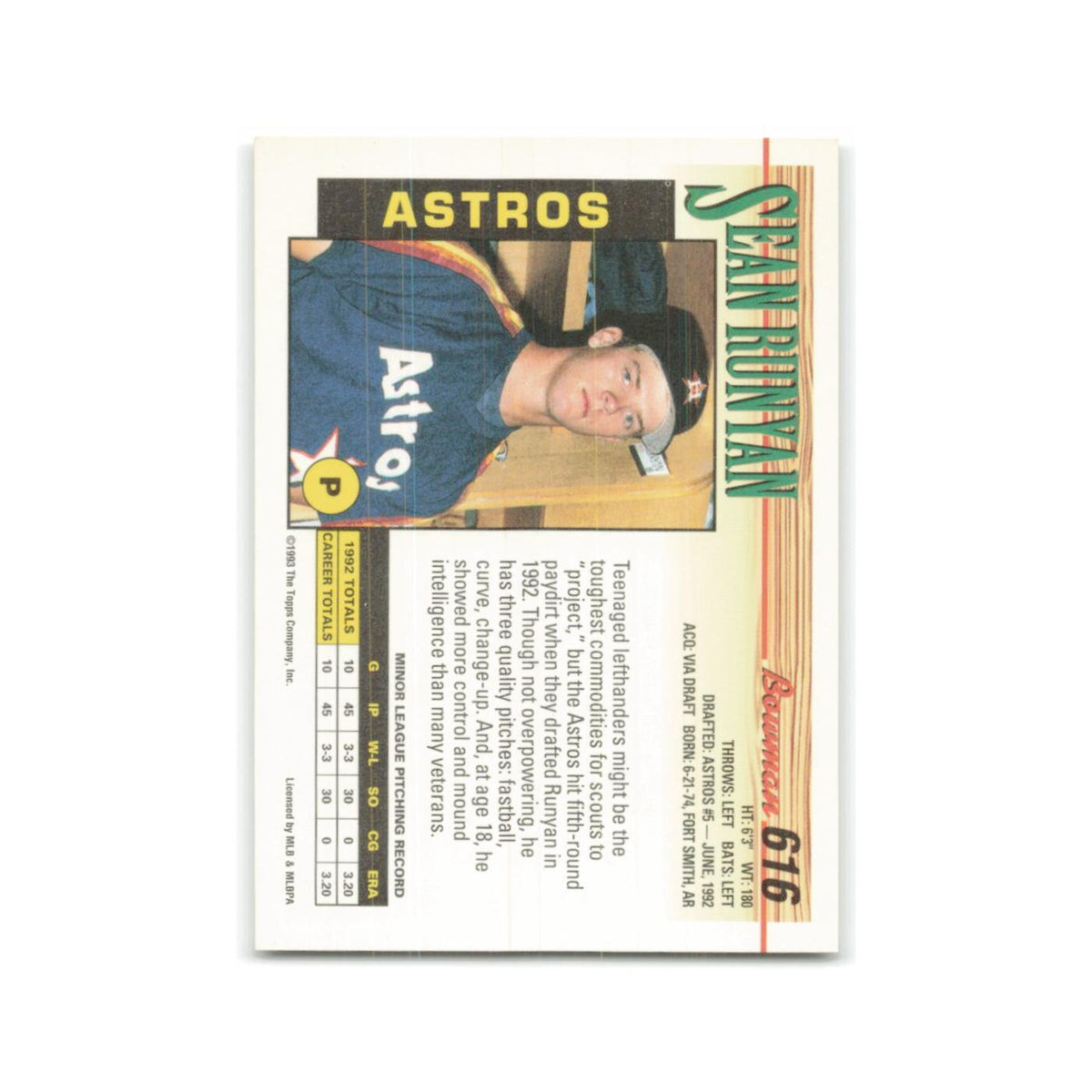 Sean Runyan Rookie 1993 Bowman #616 Houston Astros Baseball Card NM