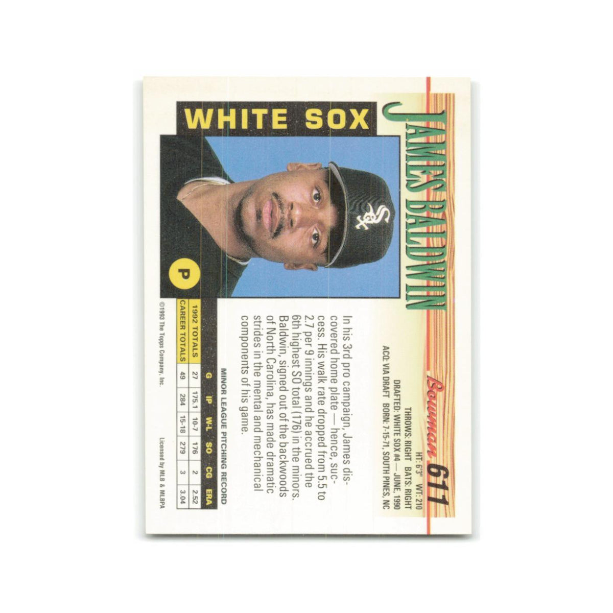 James Baldwin Rookie 1993 Bowman #611 Chicago White Sox Baseball Card NM