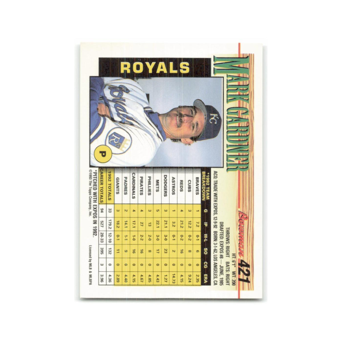 Mark Gardner 1993 Bowman #421 Kansas City Royals Baseball Card NM