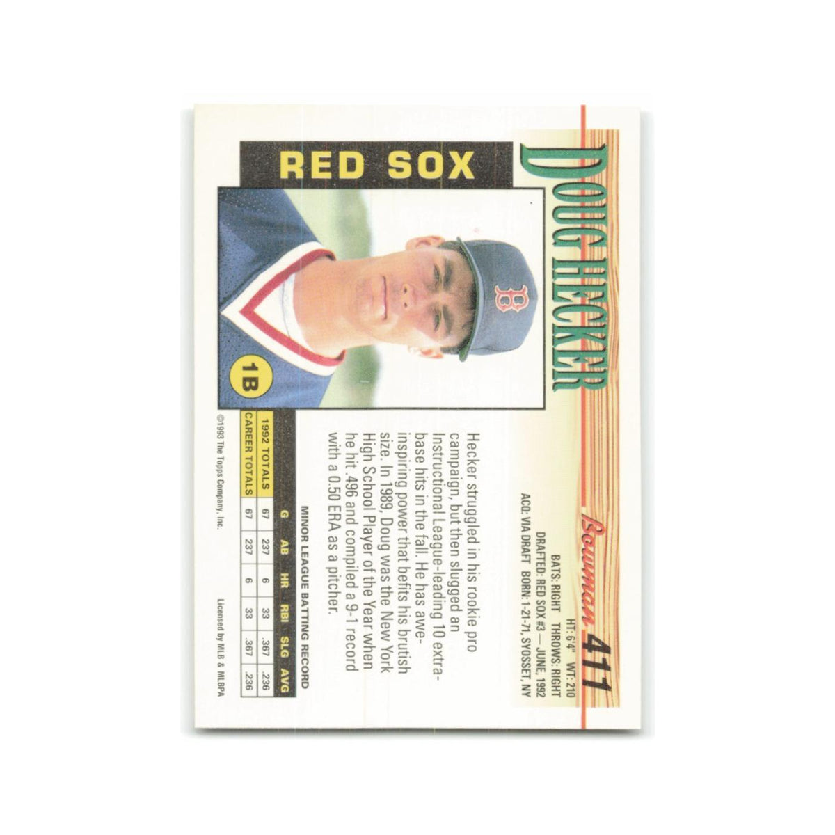 Doug Hecker Rookie 1993 Bowman #411 Boston Red Sox Baseball Card NM