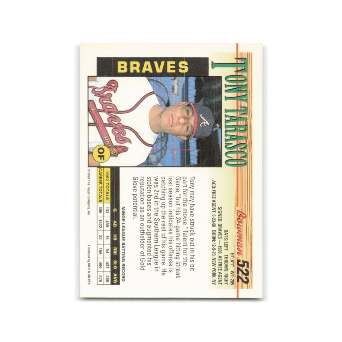 Tony Tarasco Rookie 1993 Bowman #522 Atlanta Braves Baseball Card NM