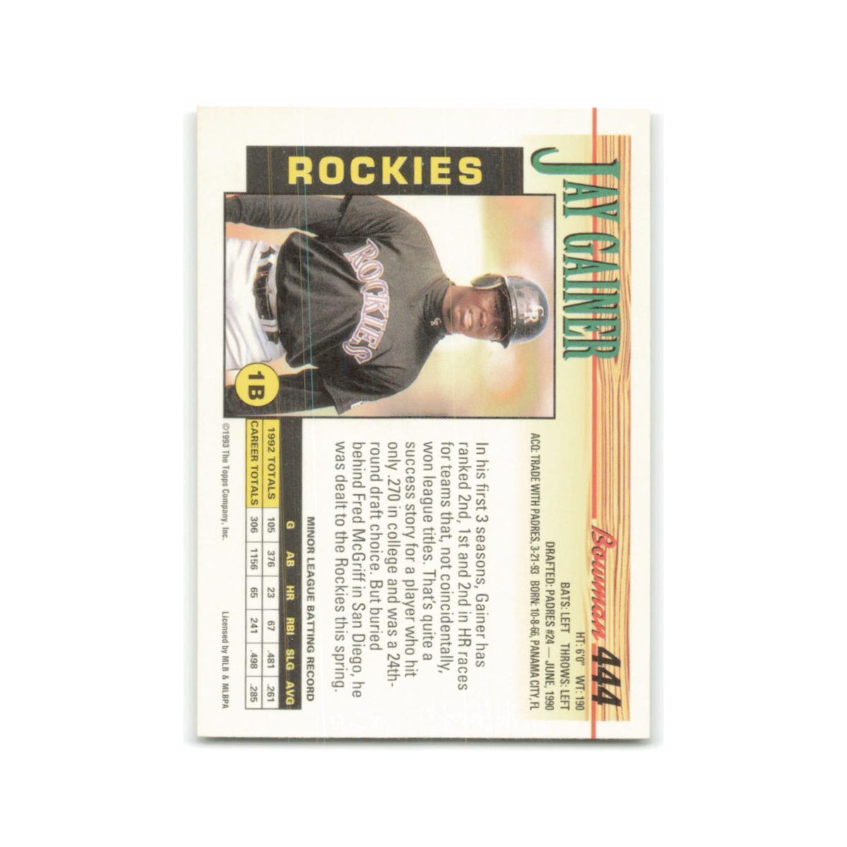 Jay Gainer Rookie 1993 Bowman #444 Colorado Rockies Baseball Card NM