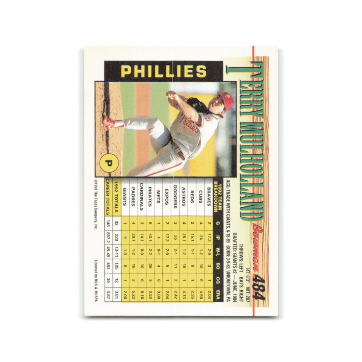 Terry Mulholland 1993 Bowman #484 Philadelphia Phillies Baseball Card NM