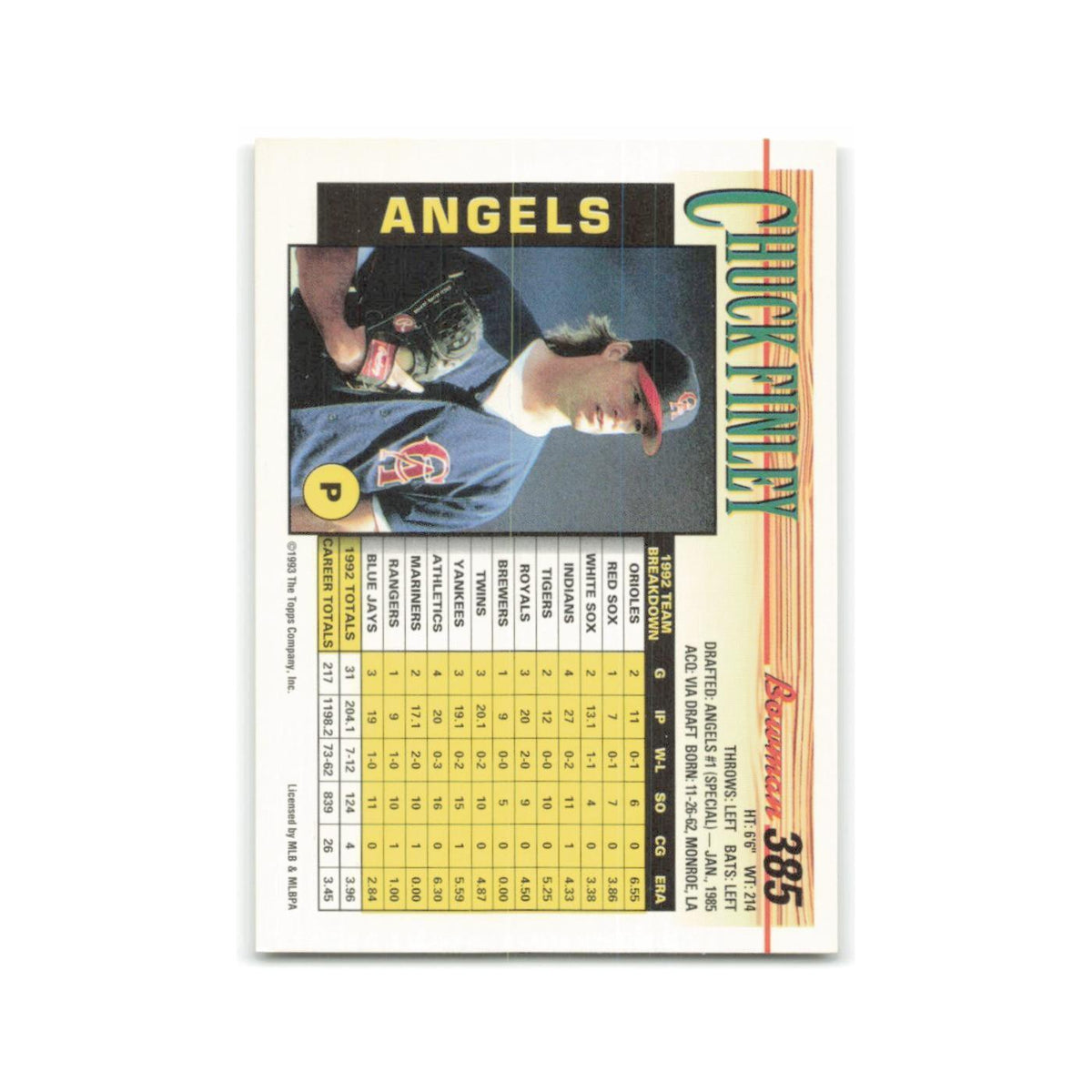 Chuck Finley 1993 Bowman #385 California Angels Baseball Card NM