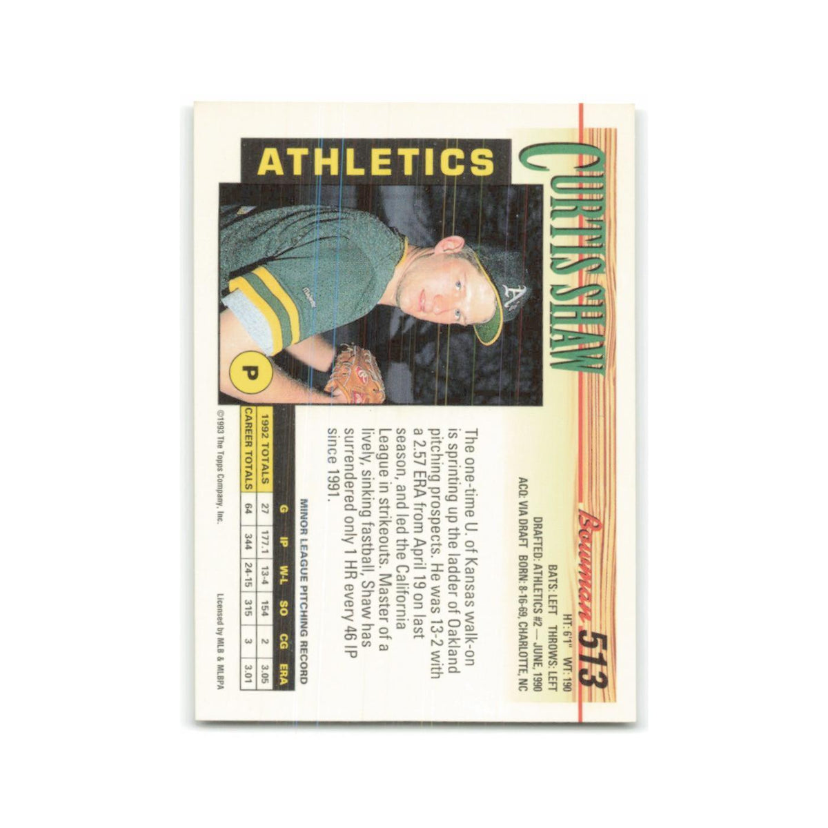 Curtis Shaw 1993 Bowman #513 Oakland Athletics Baseball Card NM