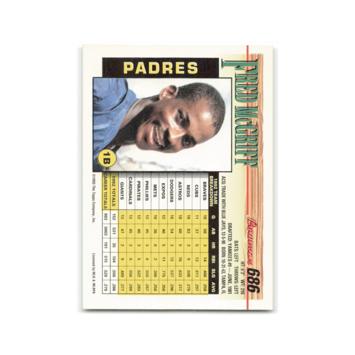 Fred McGriff 1993 Bowman #686 San Diego Padres Baseball Card NM