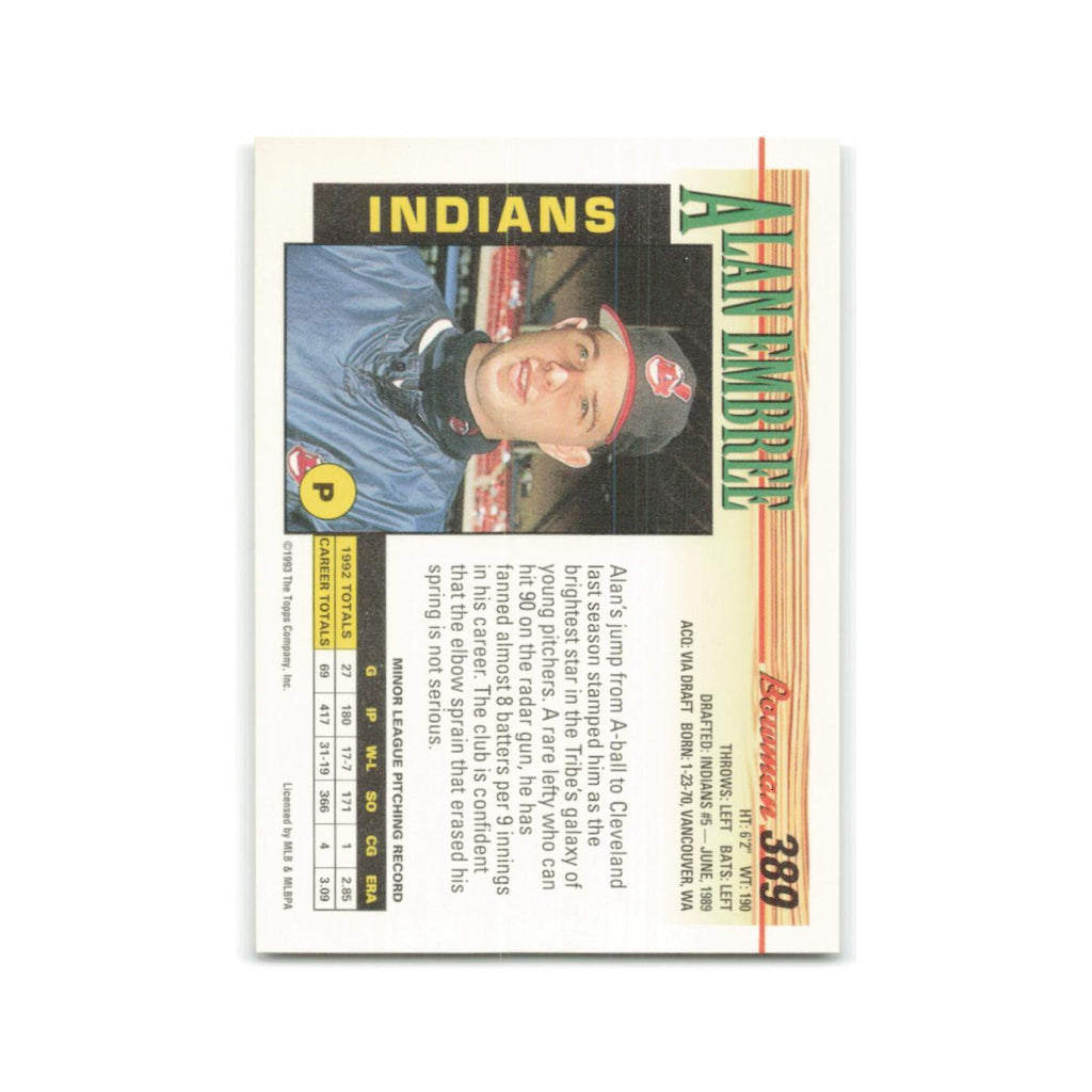 Alan Embree 1993 Bowman #389 Cleveland Indians Baseball Card NM