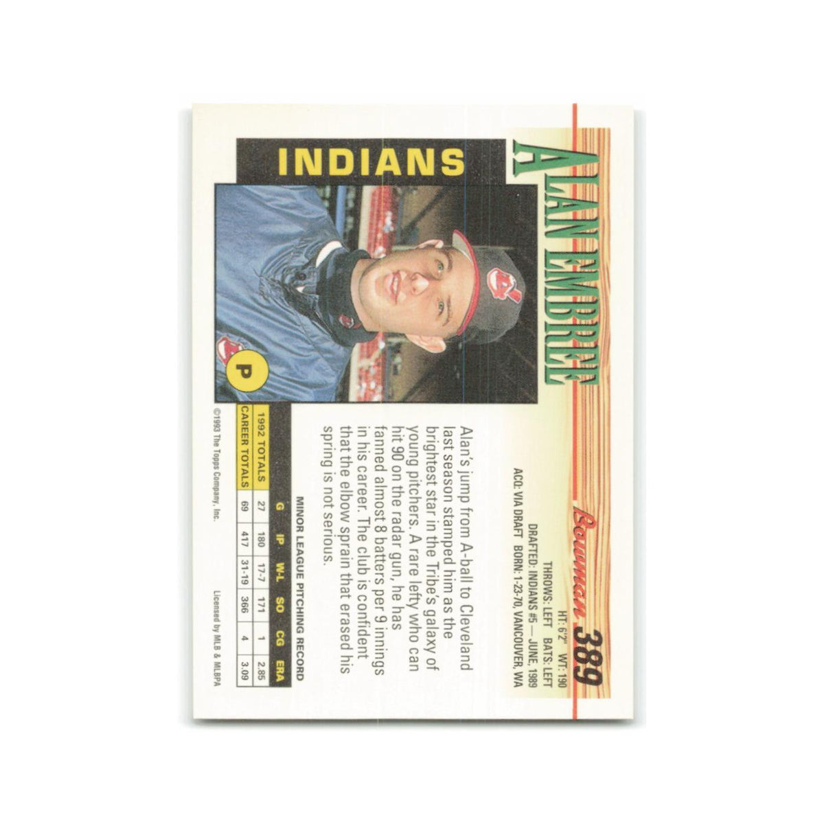 Alan Embree 1993 Bowman #389 Cleveland Indians Baseball Card NM
