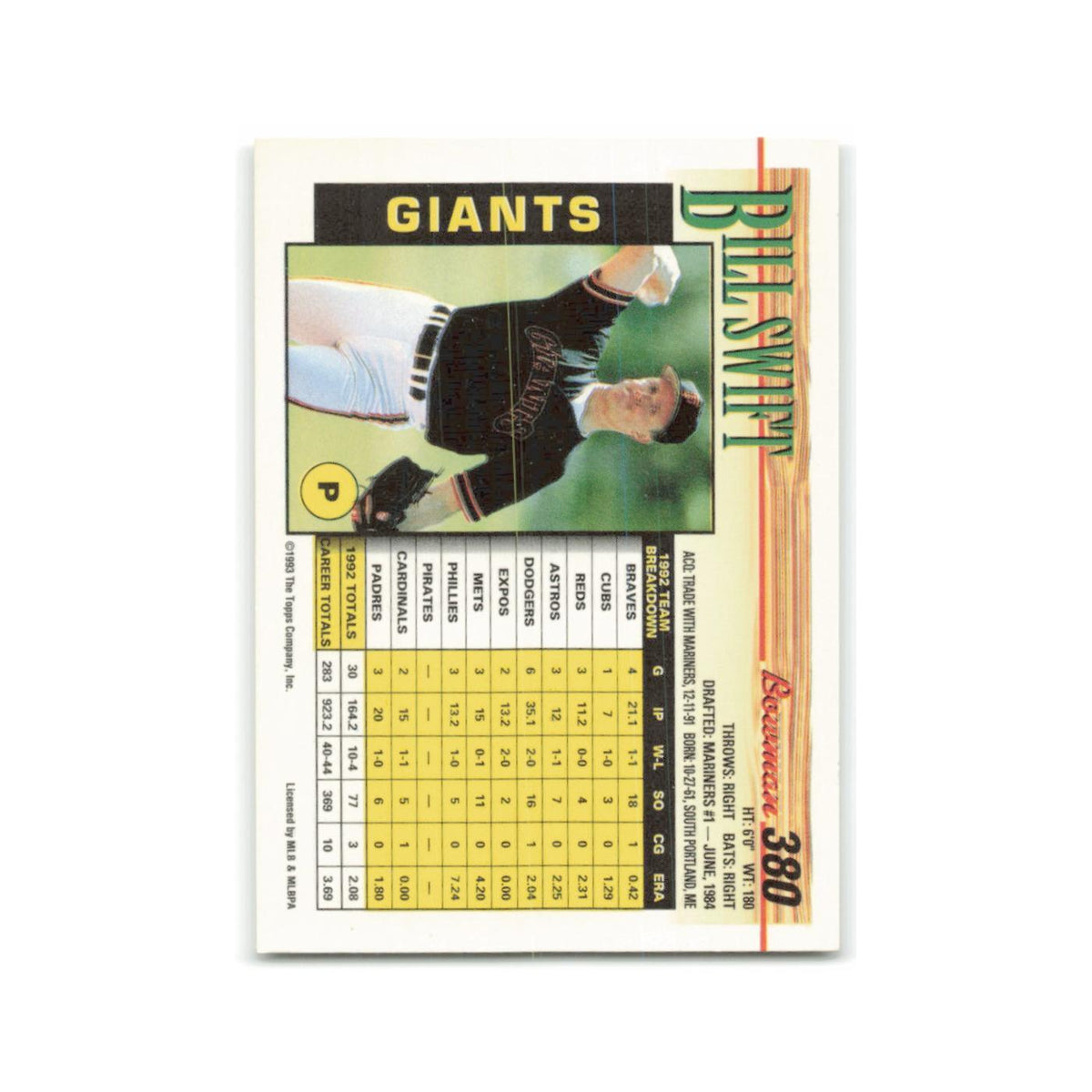 Bill Swift 1993 Bowman #380 San Francisco Giants Baseball Card NM
