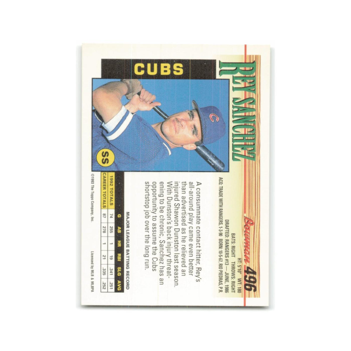 Rey Sanchez 1993 Bowman #496 Chicago Cubs Baseball Card NM