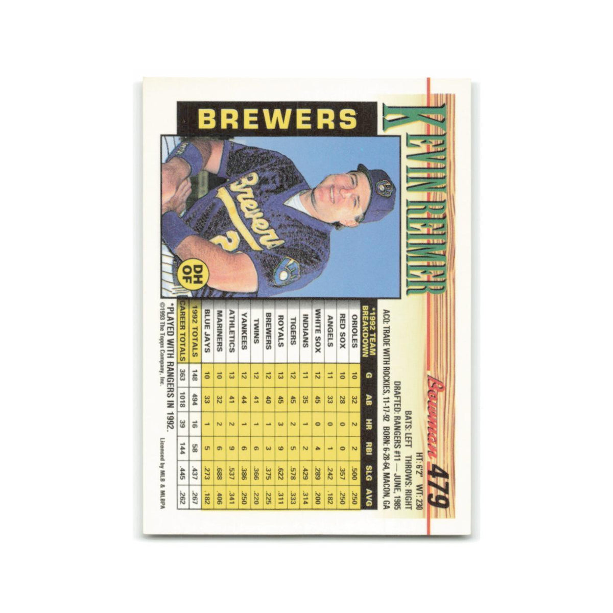 Kevin Reimer 1993 Bowman #479 Milwaukee Brewers Baseball Card NM