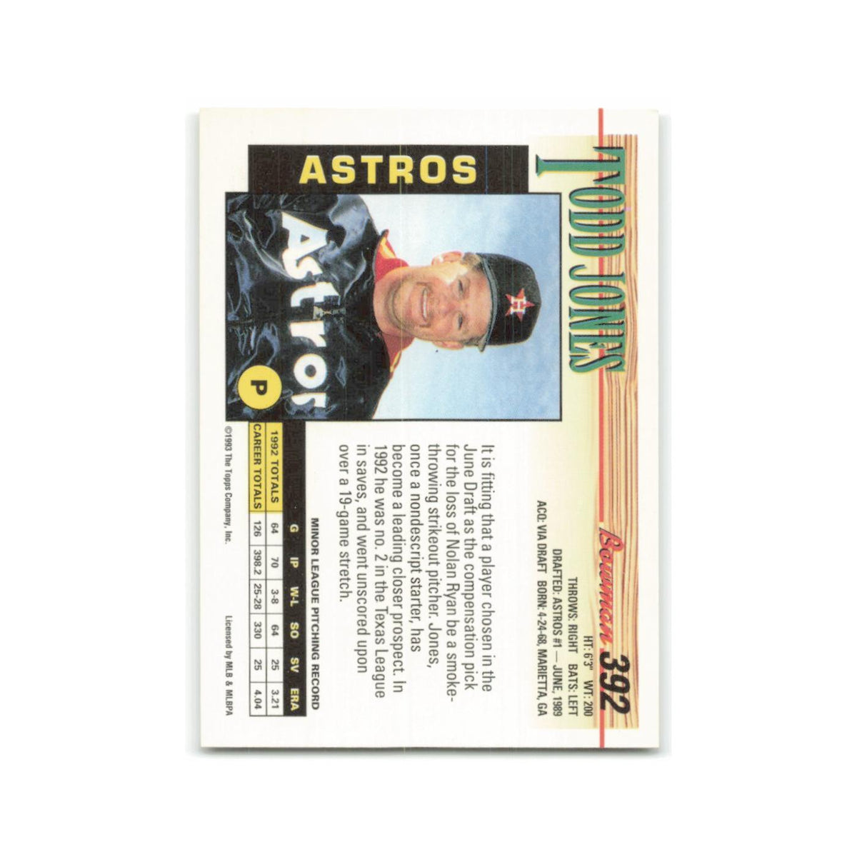 Todd Jones 1993 Bowman #392 Houston Astros Baseball Card NM