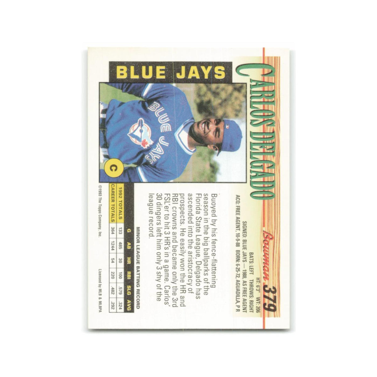 Carlos Delgado 1993 Bowman #379 Toronto Blue Jays Baseball Card NM