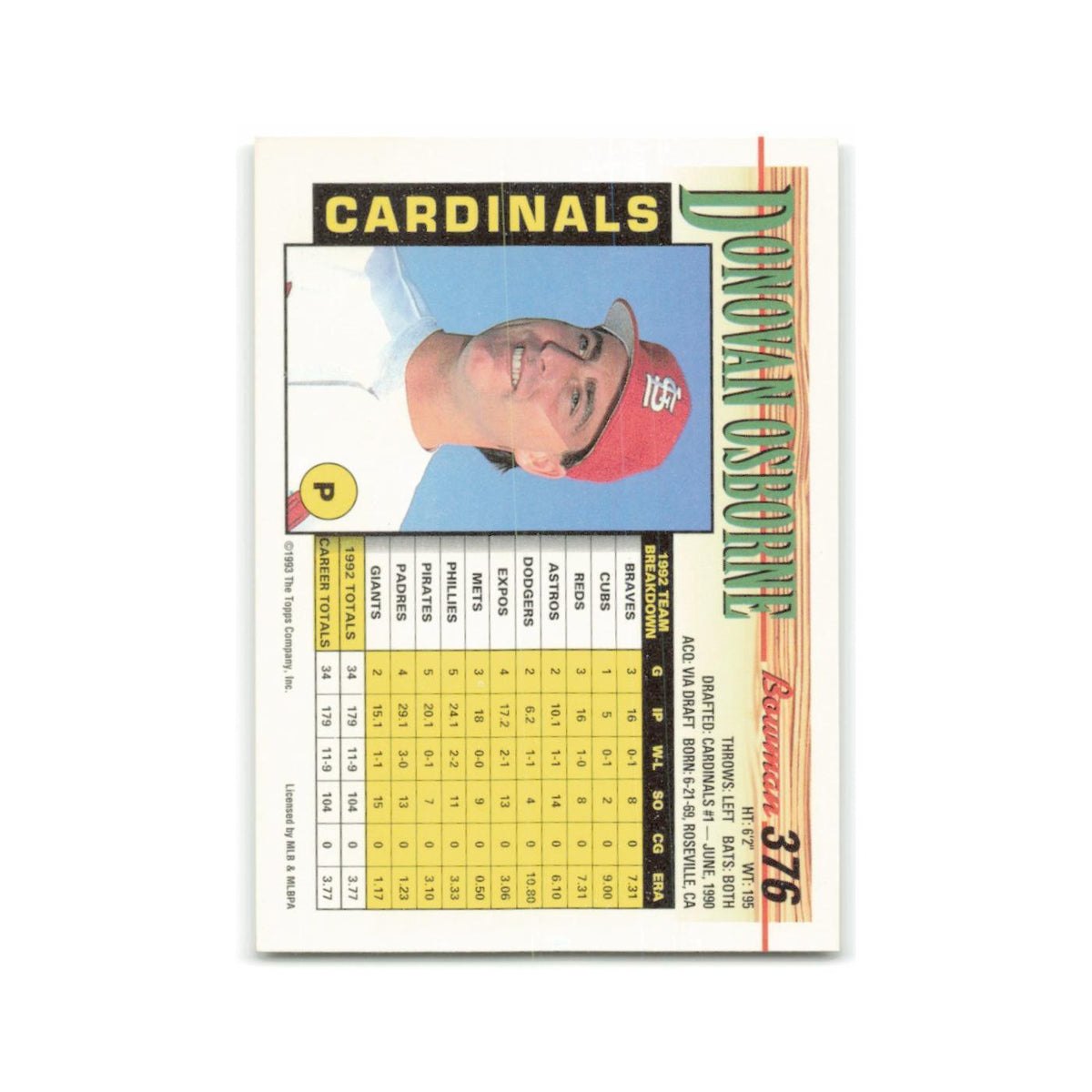 Donovan Osborne 1993 Bowman #376 St. Louis Cardinals Baseball Card NM