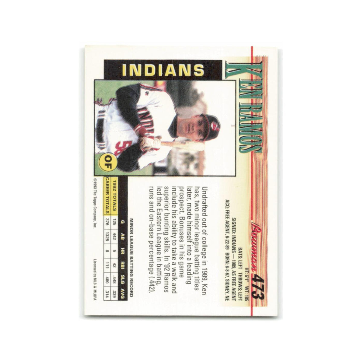 Ken Ramos Rookie 1993 Bowman #473 Cleveland Indians Baseball Card NM
