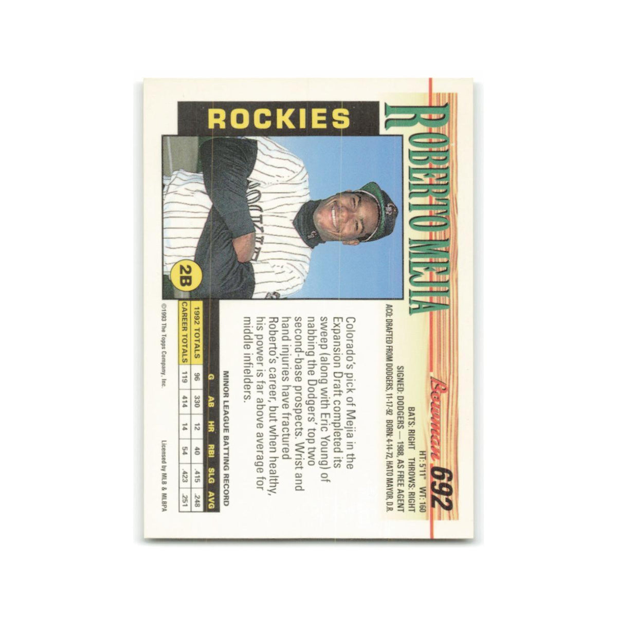 Roberto Mejia Rookie 1993 Bowman #692 Colorado Rockies Baseball Card NM