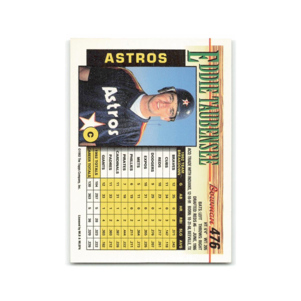 Eddie Taubensee 1993 Bowman #476 Houston Astros Baseball Card NM