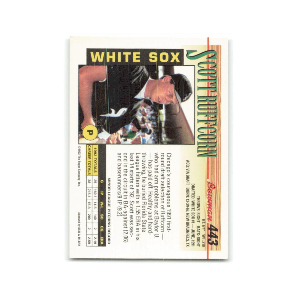 Scott Ruffcorn 1993 Bowman #443 Chicago White Sox Baseball Card NM