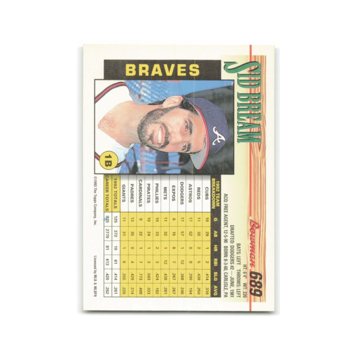 Sid Bream 1993 Bowman #689 Atlanta Braves Baseball Card NM