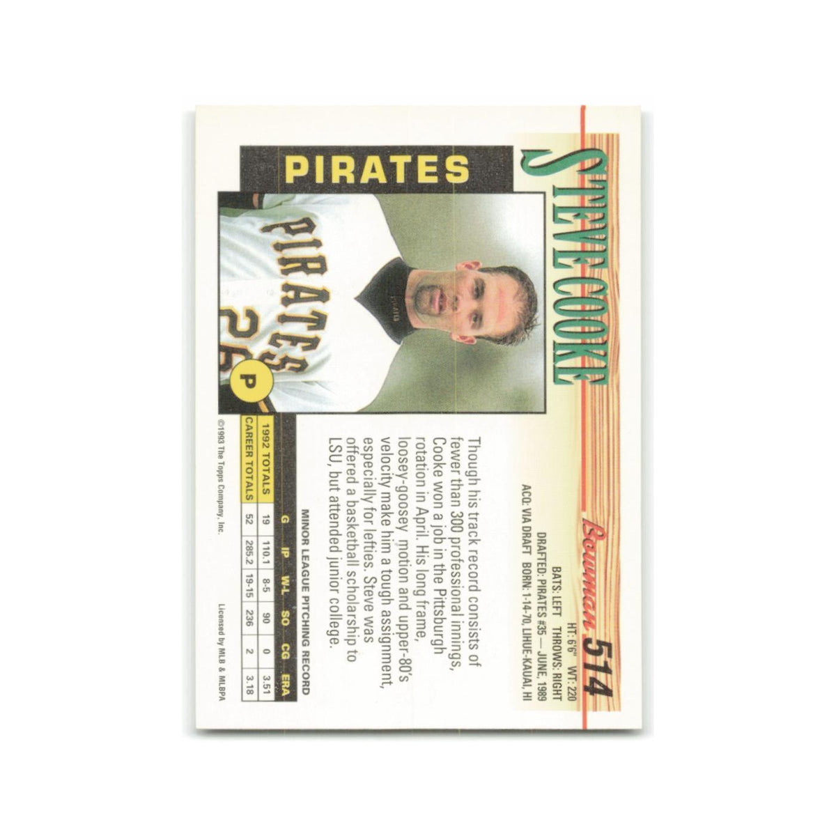 Steve Cooke 1993 Bowman #514 Pittsburgh Pirates Baseball Card NM