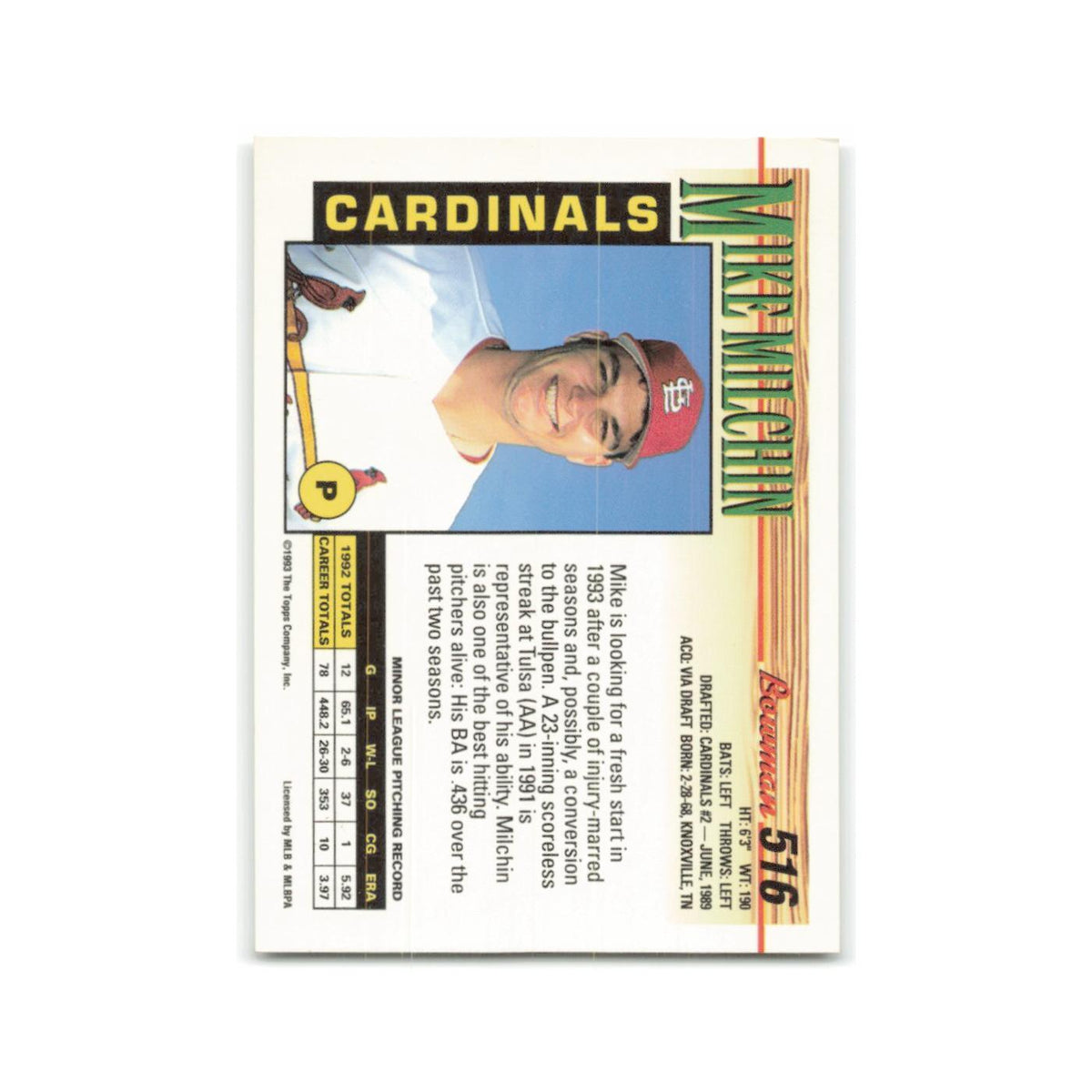 Mike Milchin 1993 Bowman #516 St. Louis Cardinals Baseball Card NM