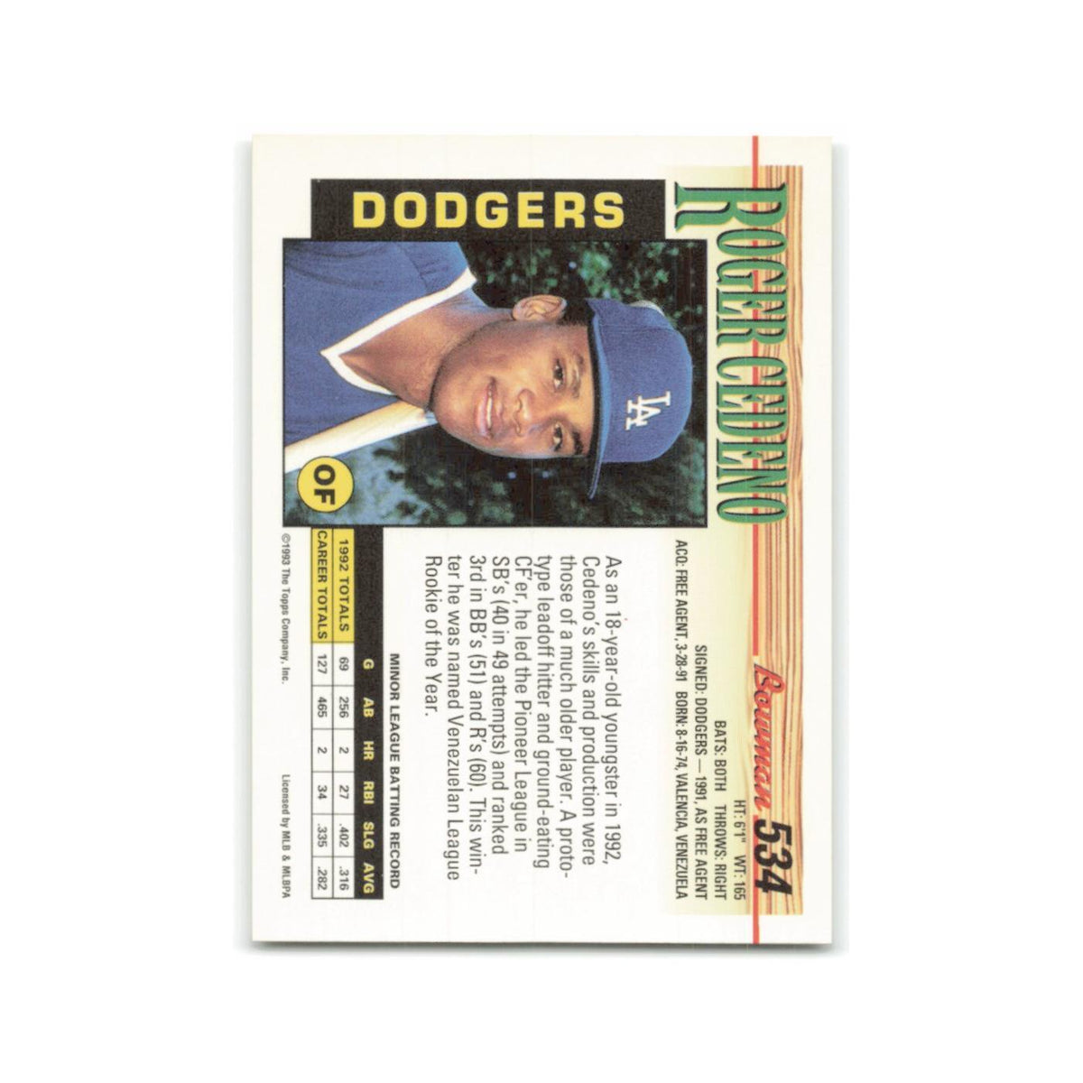Roger Cedeno Rookie 1993 Bowman #534 Los Angeles Dodgers Baseball Card NM