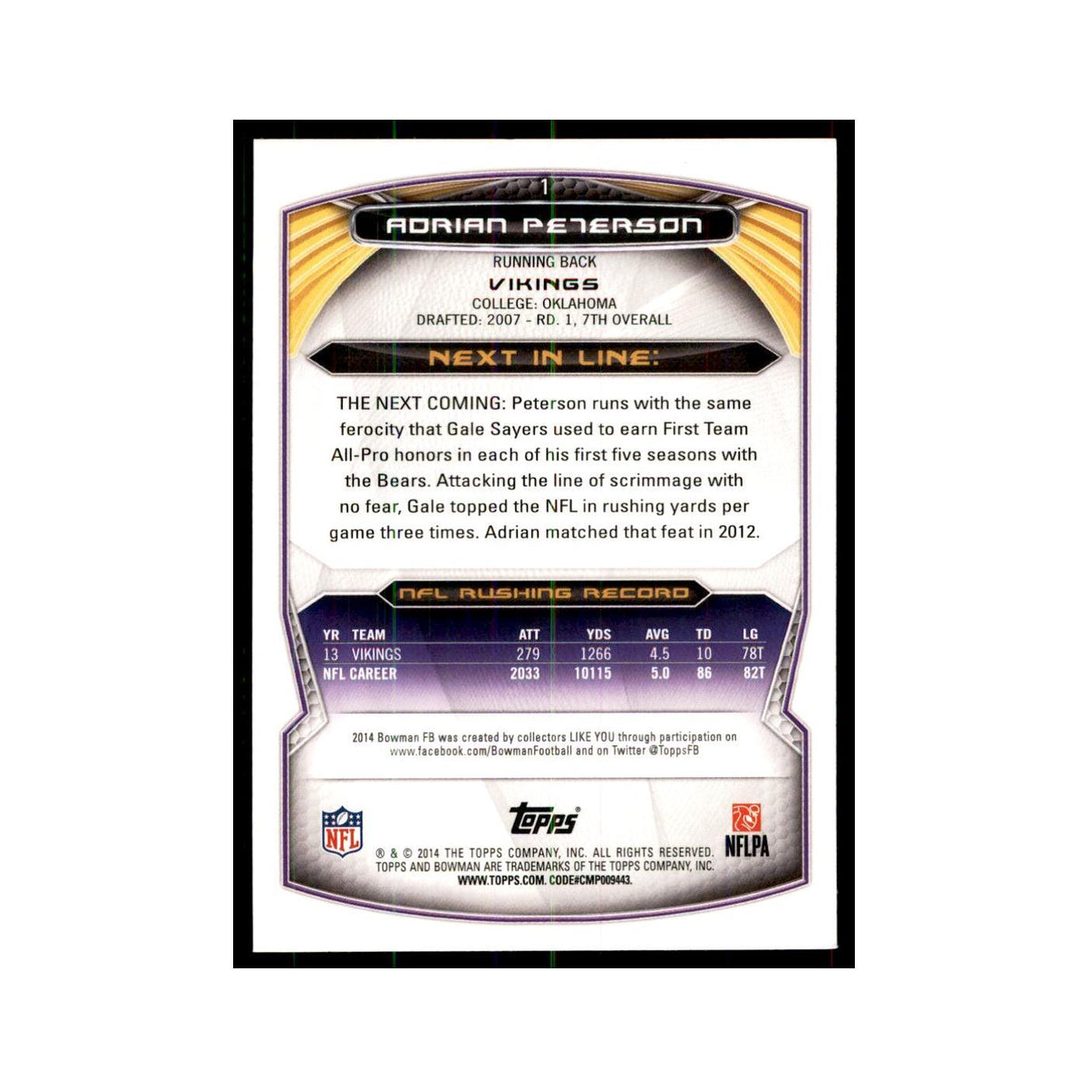2014 Bowman Adrian Peterson Football Cards #1