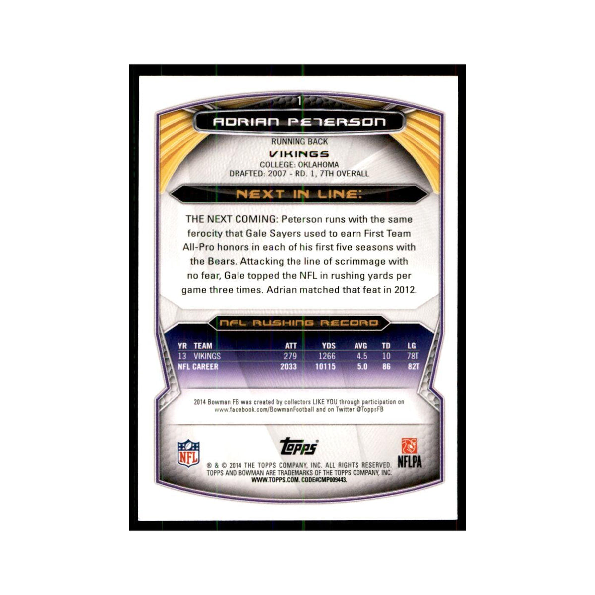 2014 Bowman Adrian Peterson Football Cards #1