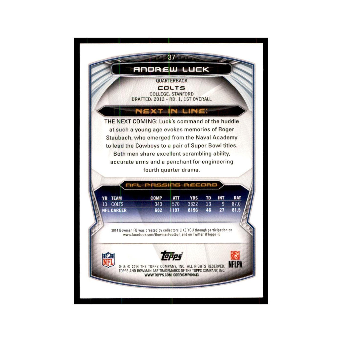 2014 Bowman Andrew Luck Football Cards #37
