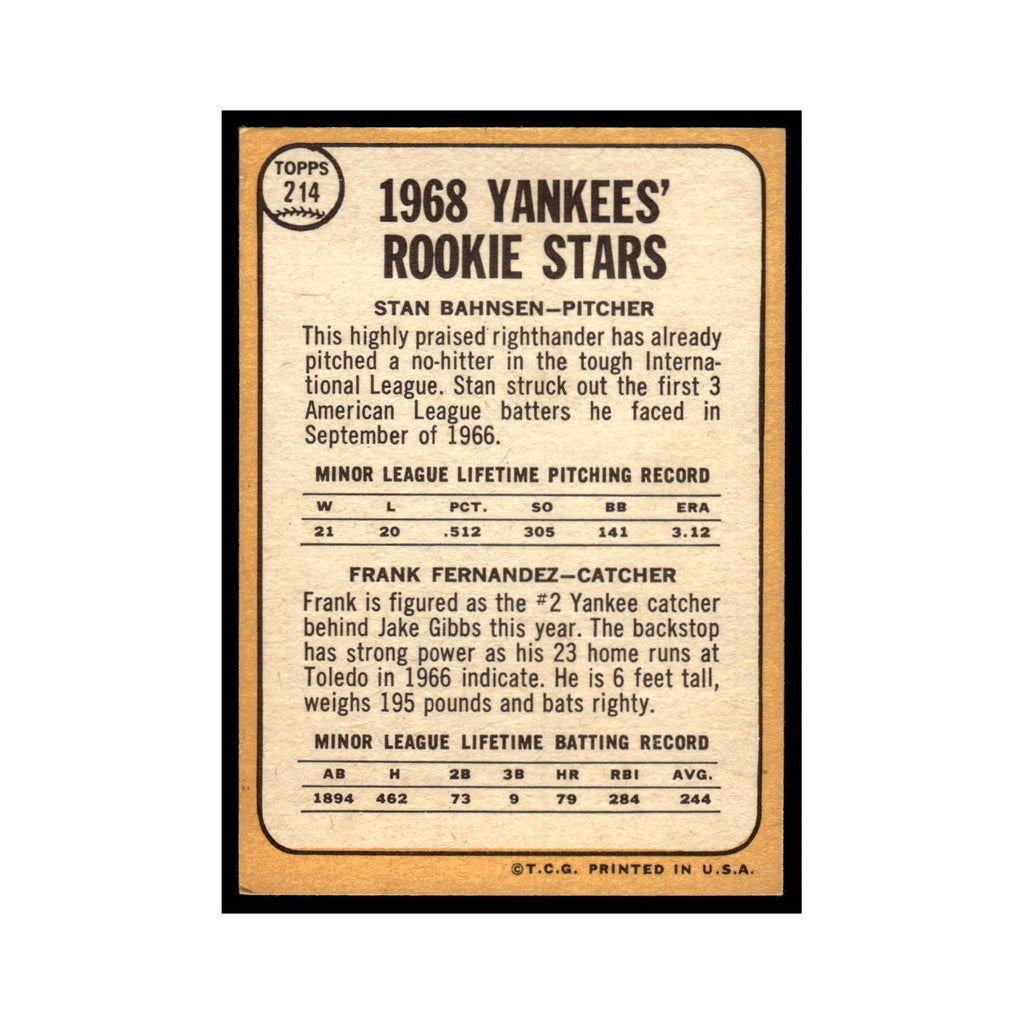 1968 Topps Stan Bahnsen/Frank Fernandez RC Yankees #214