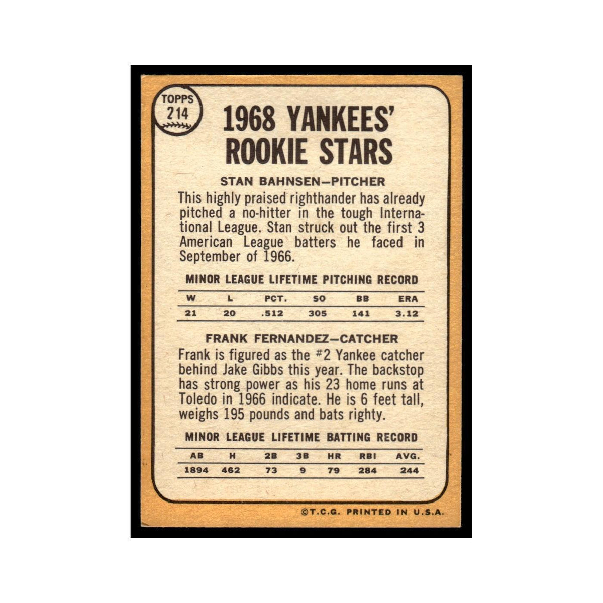 1968 Topps Stan Bahnsen/Frank Fernandez RC Yankees #214