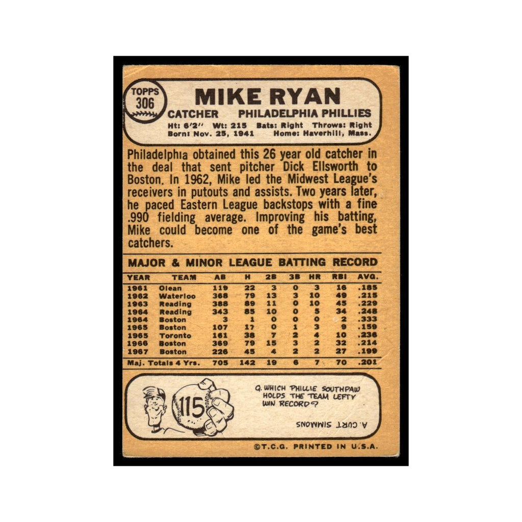1968 Topps (Damaged) Mike Ryan Phillies #306