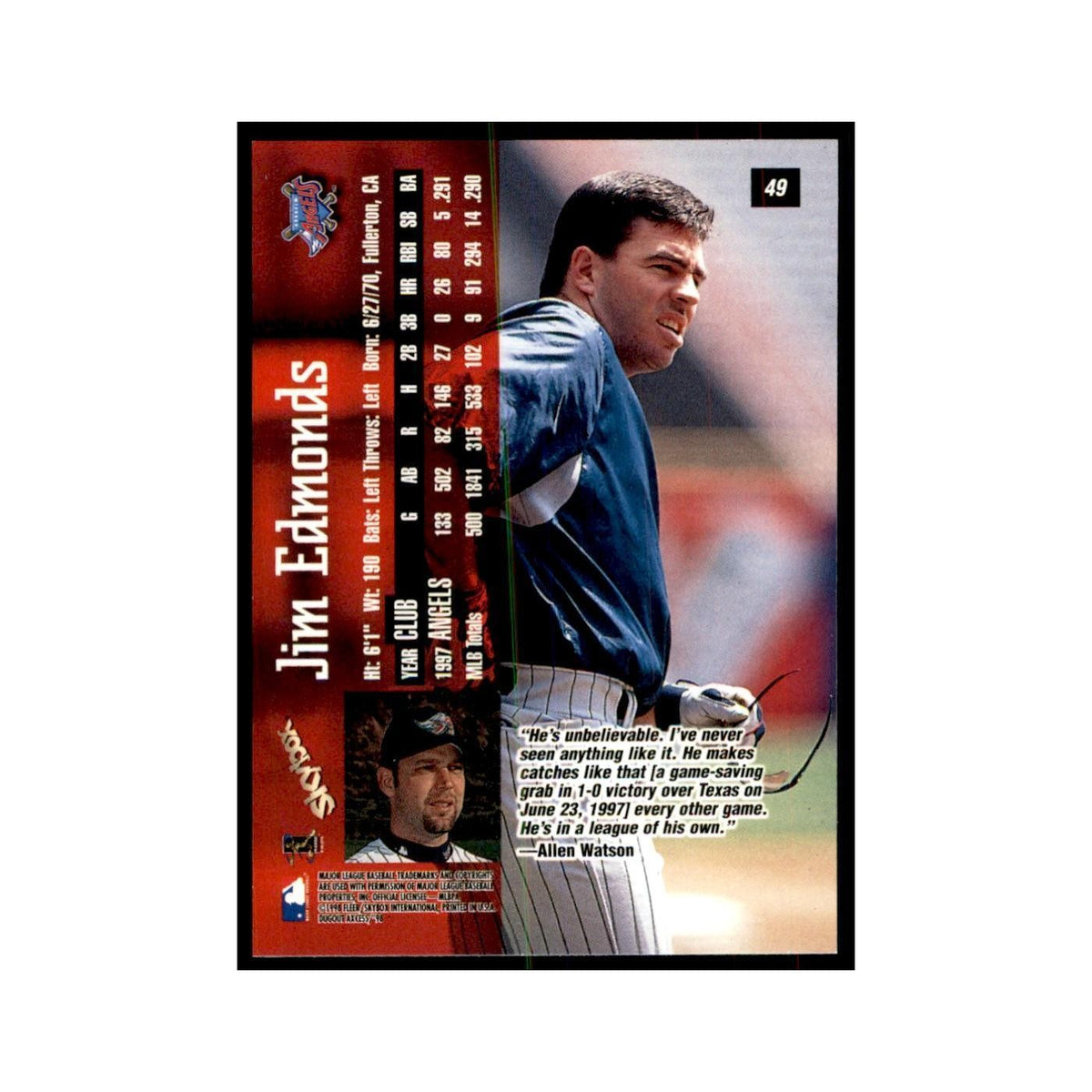 1998 SkyBox Dugout Axcess Jim Edmonds Baseball Cards #49
