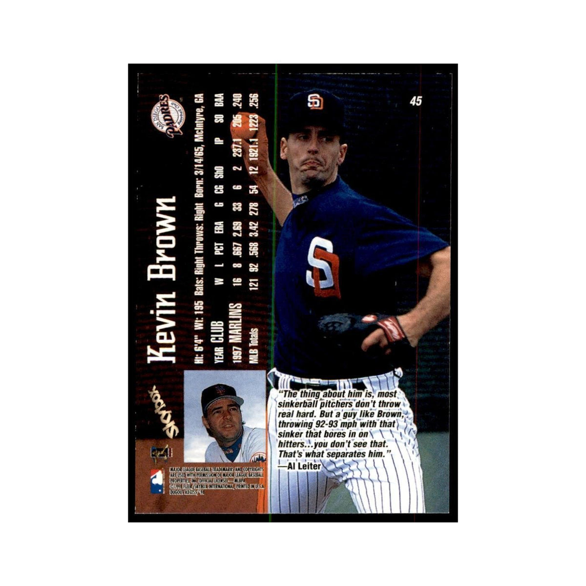 1998 SkyBox Dugout Axcess Kevin Brown Baseball Cards #45