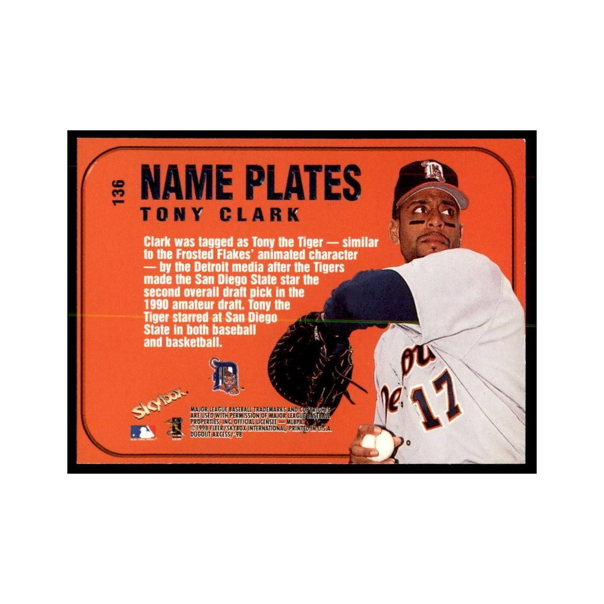 1998 SkyBox Dugout Axcess Tony Clark Baseball Cards #136