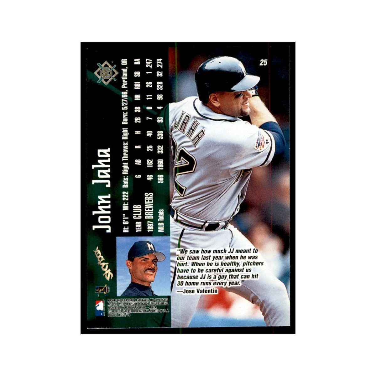 1998 SkyBox Dugout Axcess John Jaha Baseball Cards #25
