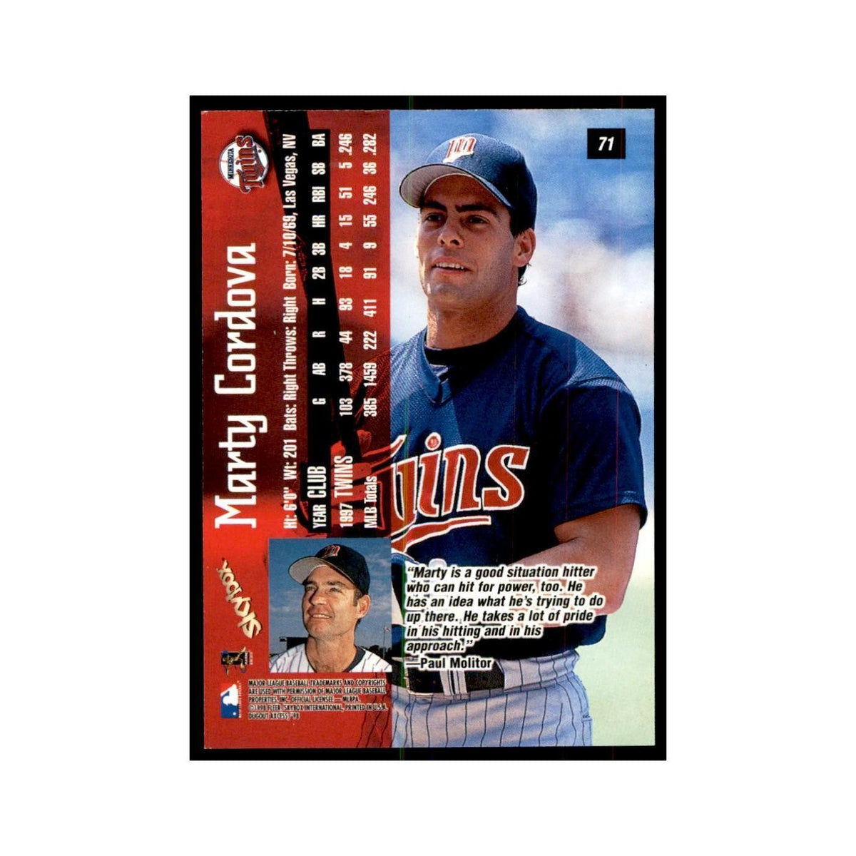 1998 SkyBox Dugout Axcess Marty Cordova Baseball Cards #71