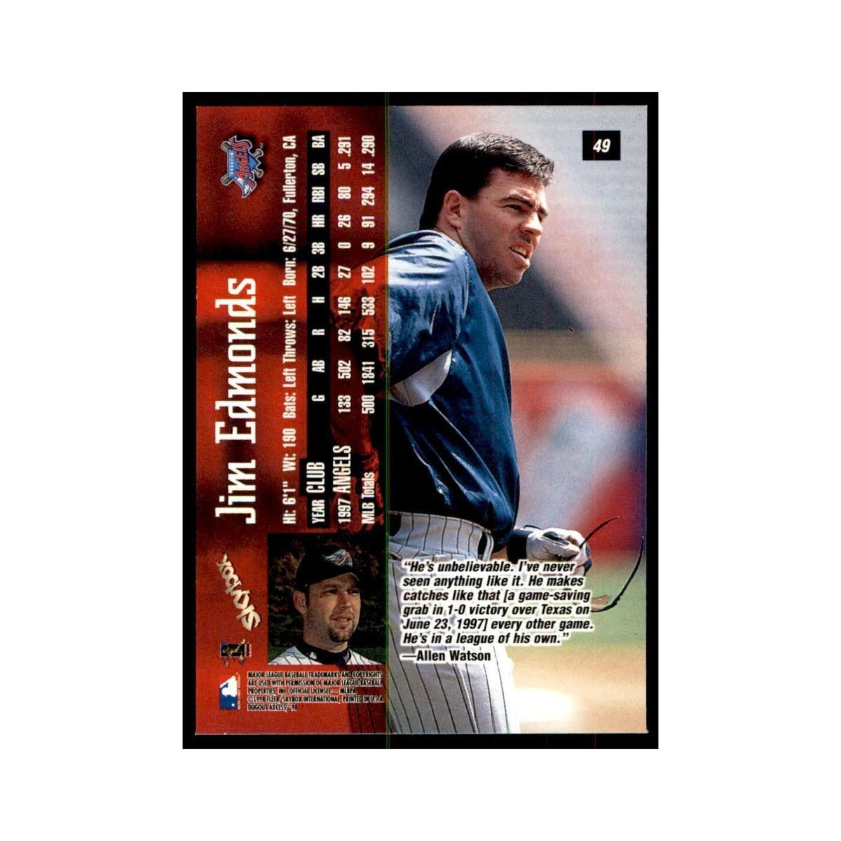1998 SkyBox Dugout Axcess Jim Edmonds Baseball Cards #49