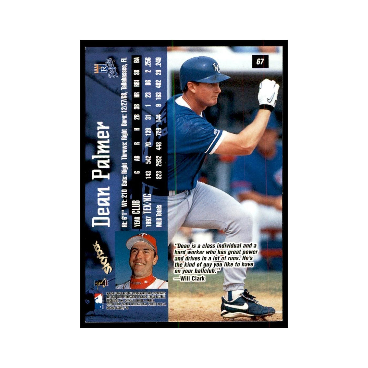 1998 SkyBox Dugout Axcess Dean Palmer Baseball Cards #67