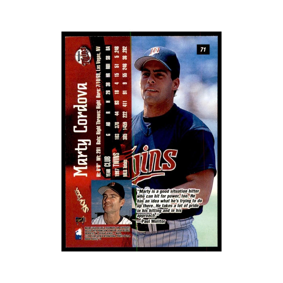 1998 SkyBox Dugout Axcess Marty Cordova Baseball Cards #71