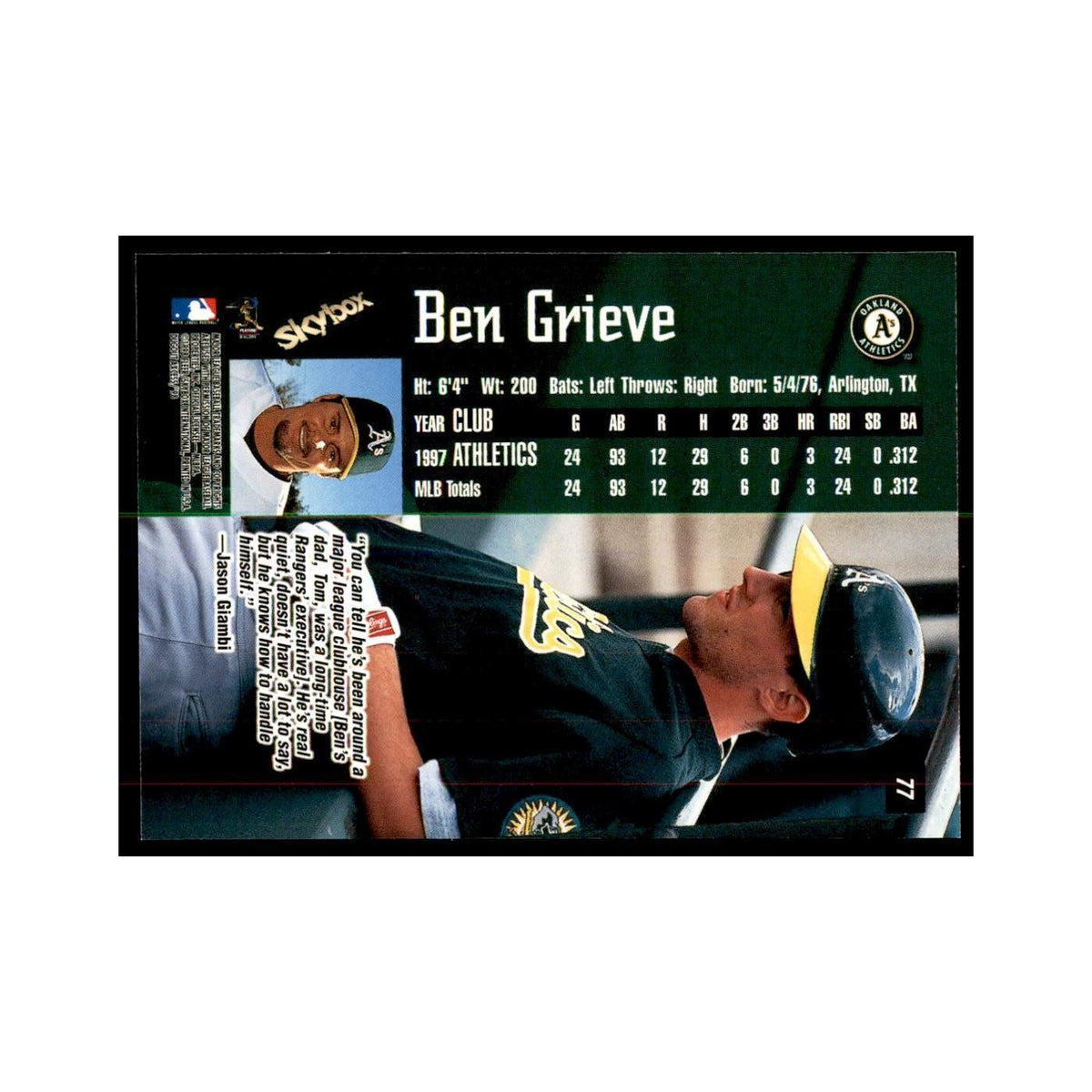 1998 SkyBox Dugout Axcess Ben Grieve Baseball Cards #77