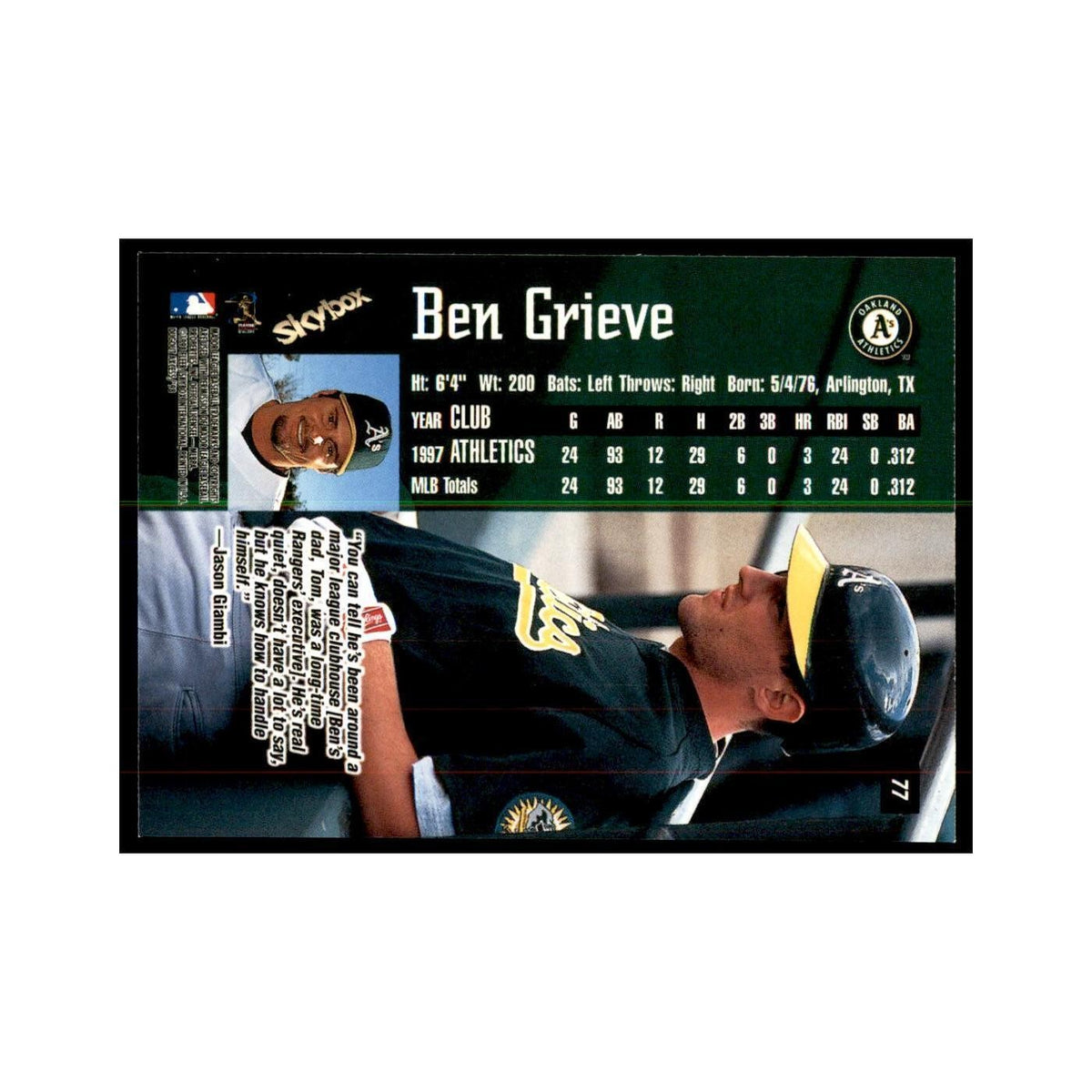 1998 SkyBox Dugout Axcess Ben Grieve Baseball Cards #77