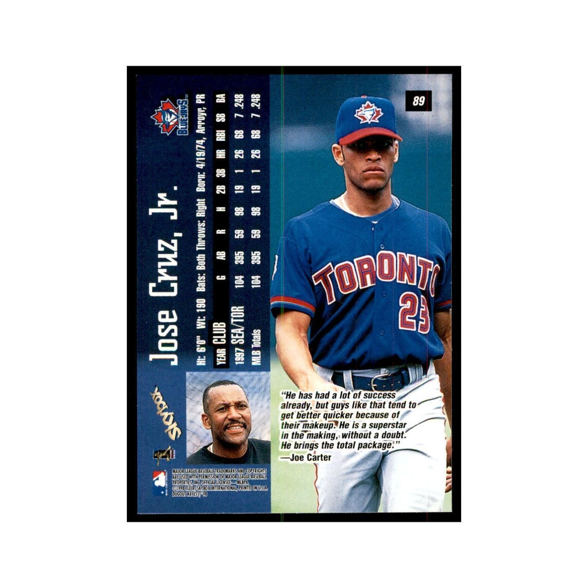 1998 SkyBox Dugout Axcess Jose Cruz Jr. Baseball Cards #89