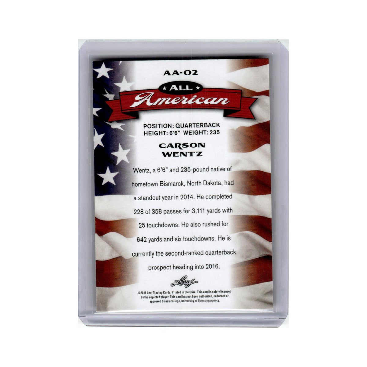 Carson Wentz 2016 Leaf Draft All American #AA-02 North Dakota State Bison NM