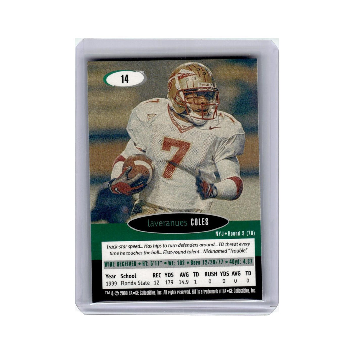 Laveranues Coles Rookie 2000 HIT #14 New York Jets Football Card NM